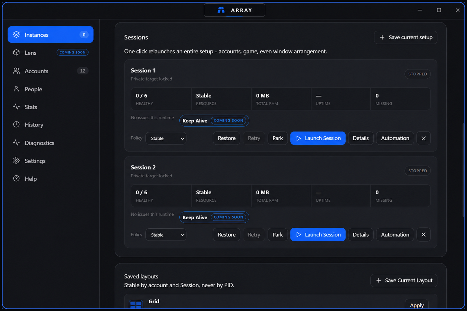 Array Sessions view showing two reusable account groups with targets, health, resource policy and launch controls