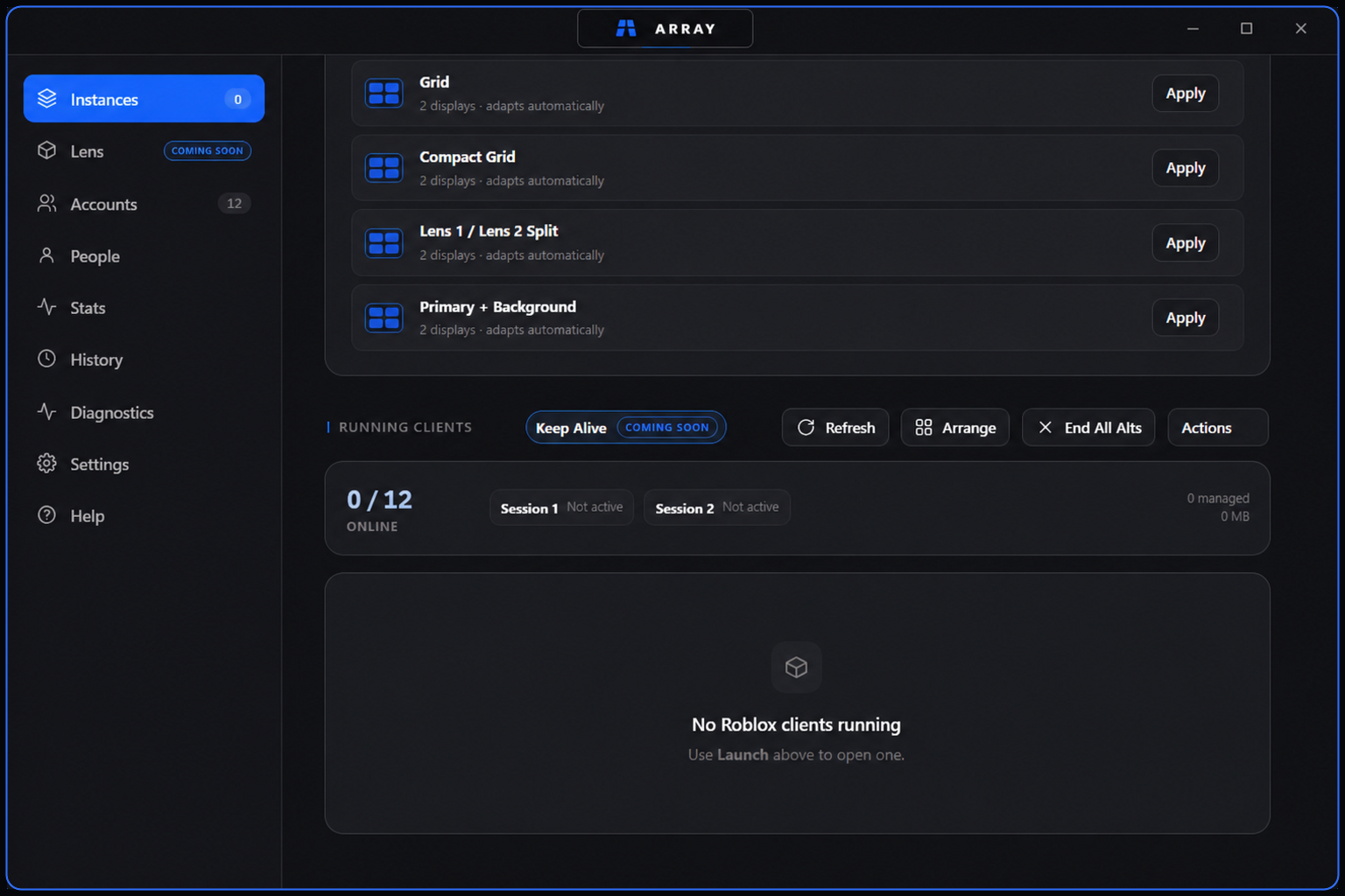 Array Instances view showing saved window layouts and the Running Clients area