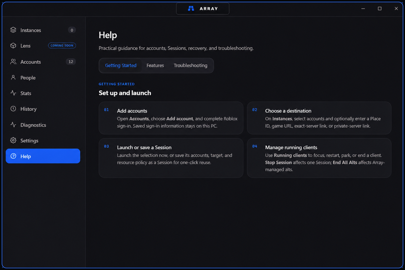 Array Help view showing setup and troubleshooting guidance